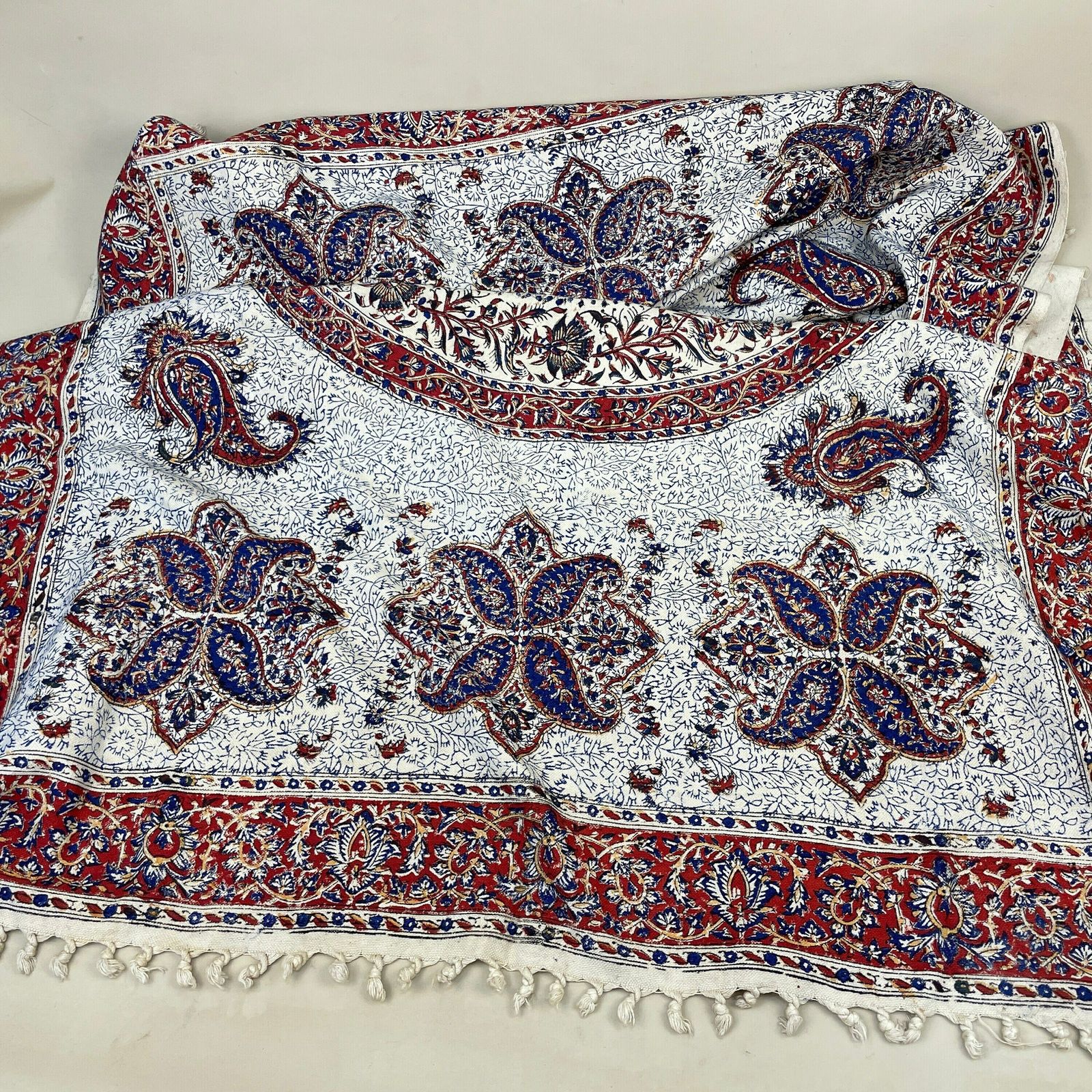 Asian Fabric Throw Blanket Hand Printed Paisley Pattern Tassels Cover Handmade Tapestry 150x94cm Quilt Blue Red Fabric