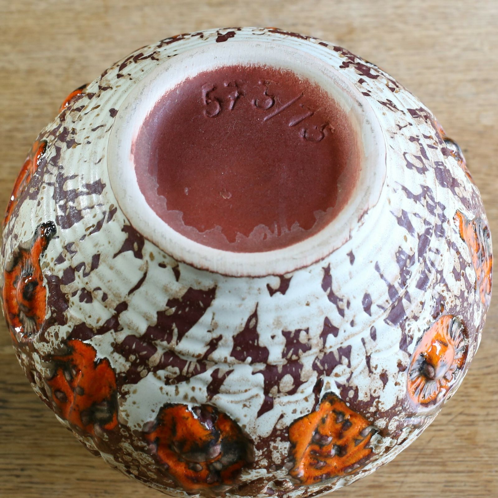 West German Pottery U Keramik Orange Fat Lava Vase With Original Foil Sticker C 1960s photo for sale