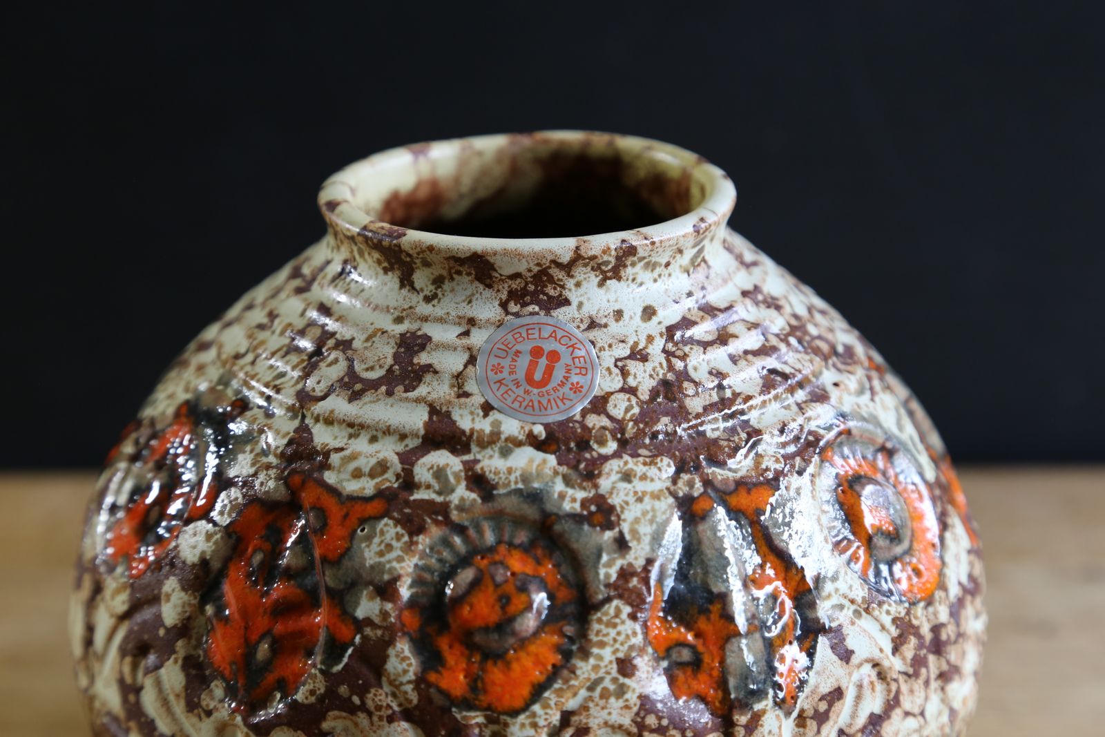 West German Pottery U Keramik Orange Fat Lava Vase With Original Foil Sticker C 1960s