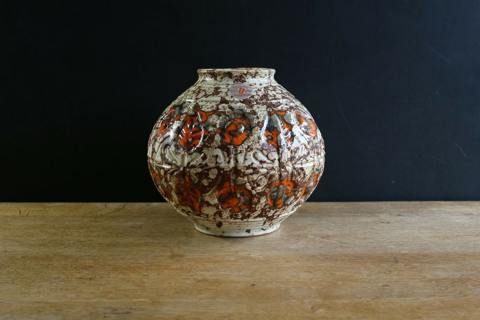 West German Pottery U Keramik Orange Fat Lava Vase With Original Foil Sticker C 1960s photo vinterior