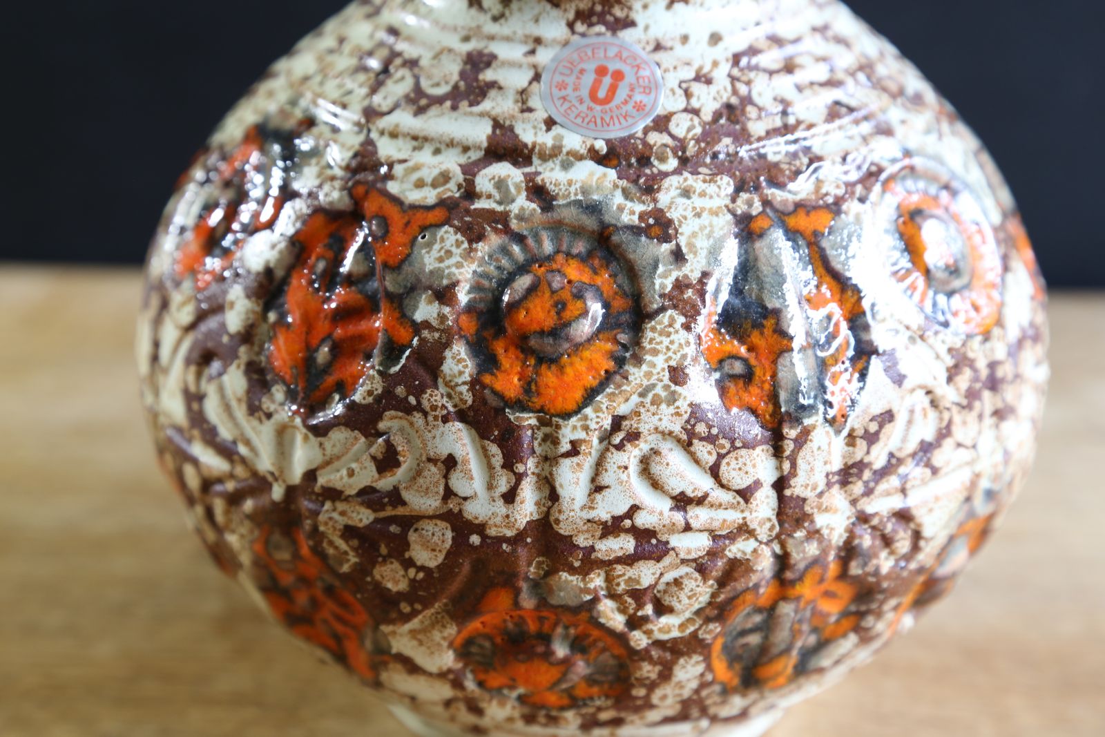 West German Pottery U Keramik Orange Fat Lava Vase With Original Foil Sticker C 1960s photo buy