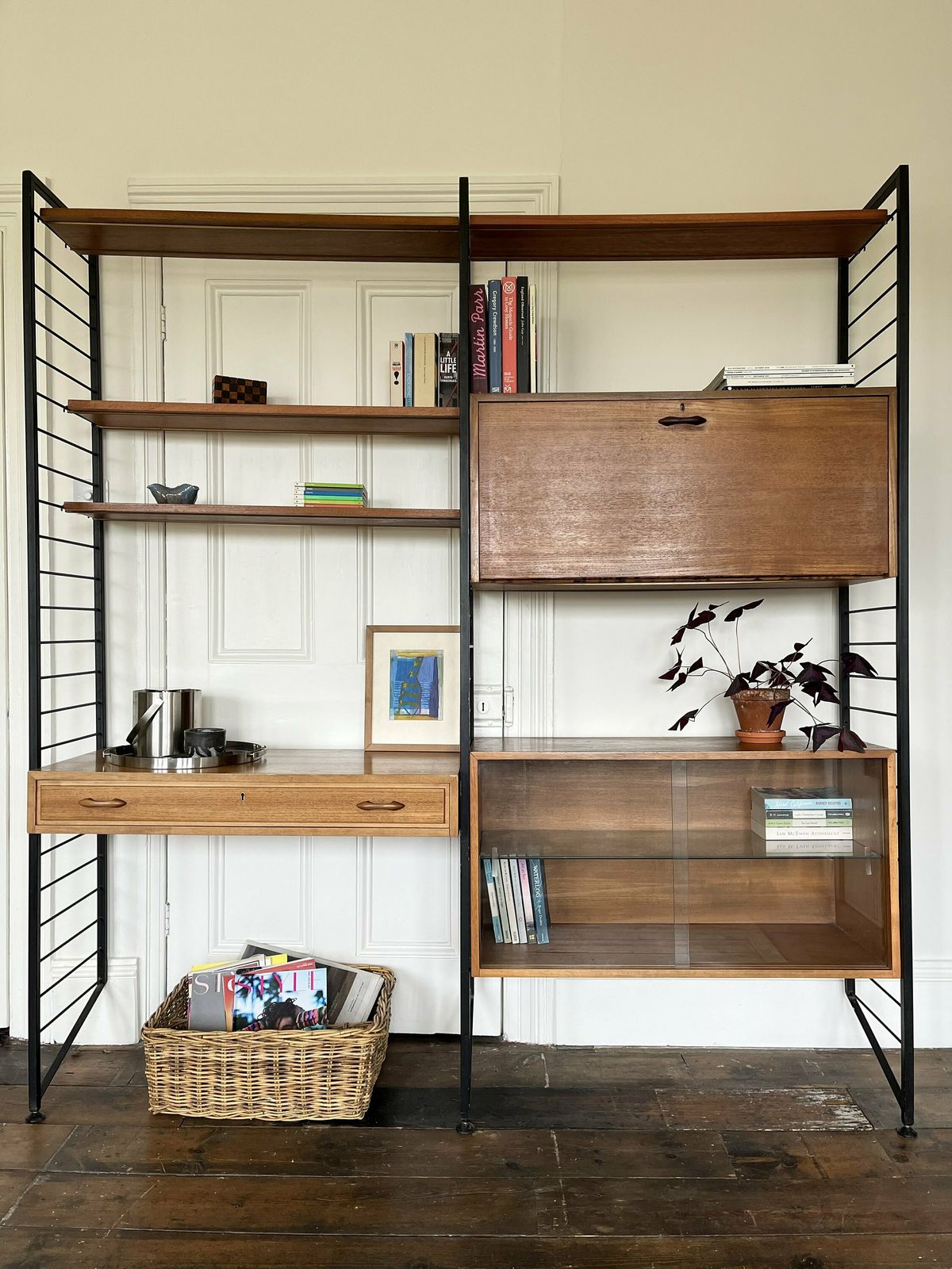 Ladderax Mid Century Shelving System   Modular Teak Shelves And Cabinets / Desk With Black Steel Ladder Supports, By Staples For Heals photo for sale