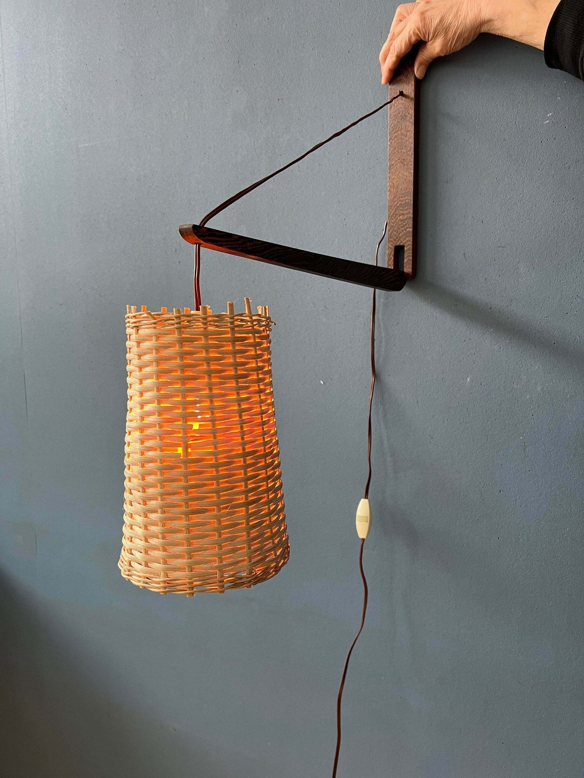 Mid Century Danish Teak Wood Fishing Rod Wall Lamp With Reed Shade photo for sale