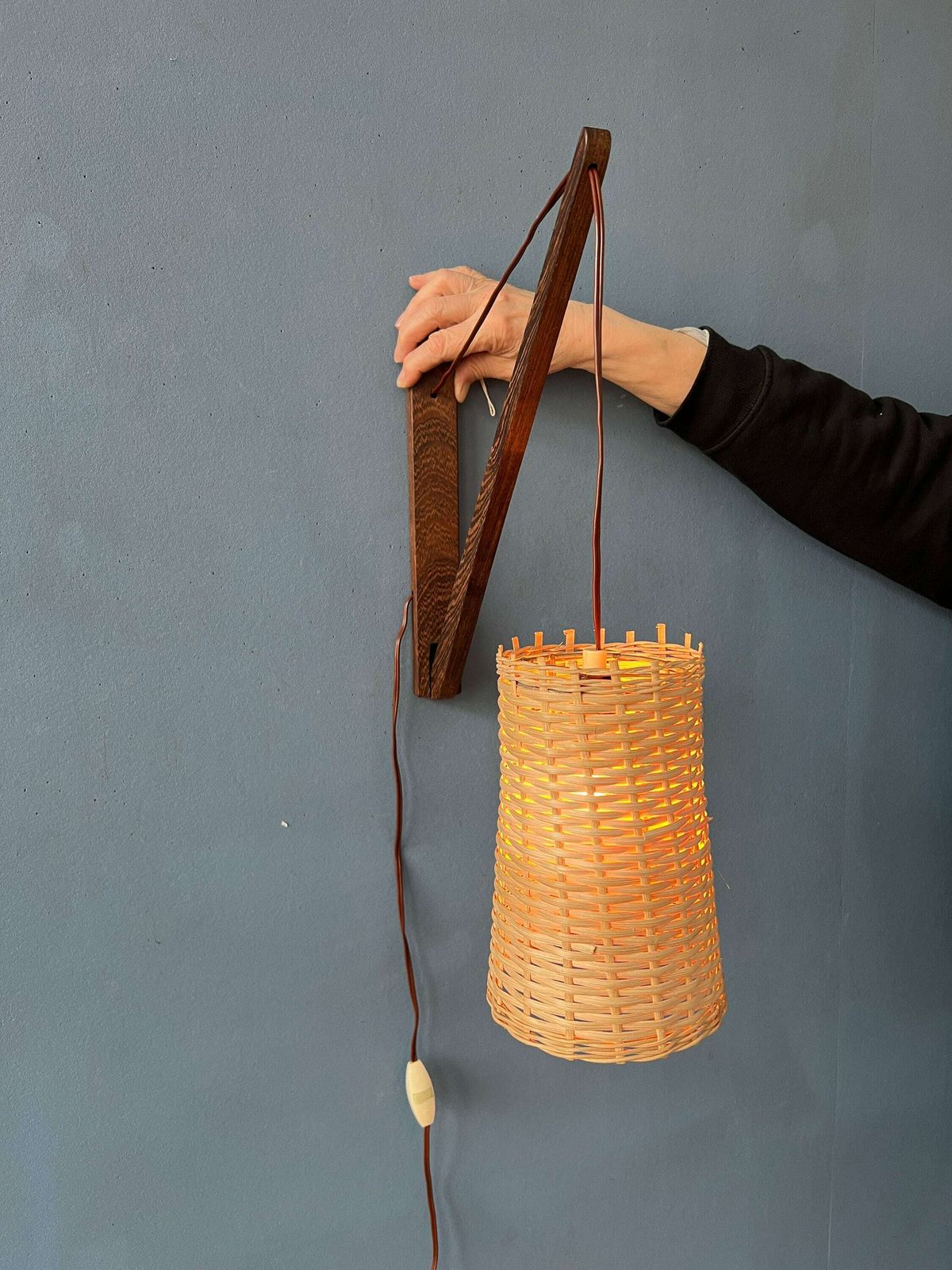 Mid Century Danish Teak Wood Fishing Rod Wall Lamp With Reed Shade photo vinterior