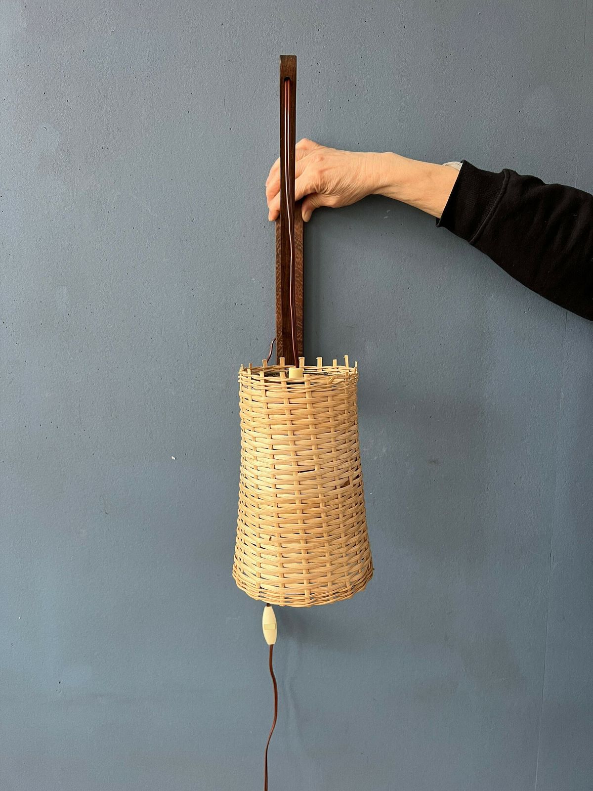 Mid Century Danish Teak Wood Fishing Rod Wall Lamp With Reed Shade photo vintage