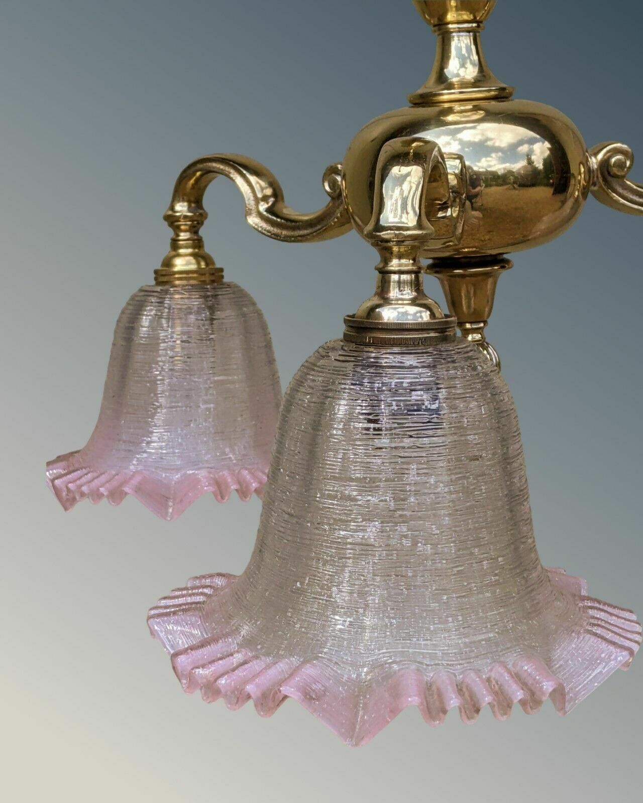 Pretty Antique Brass Chandelier Pink Crimped Glass photo buy