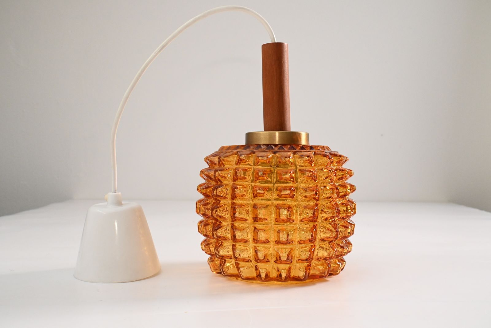 Scandinavian Pendant Light With Spiked Shade Glass And Teak, In The Style Of Orrefors, Sweden 1960s photo 185.0