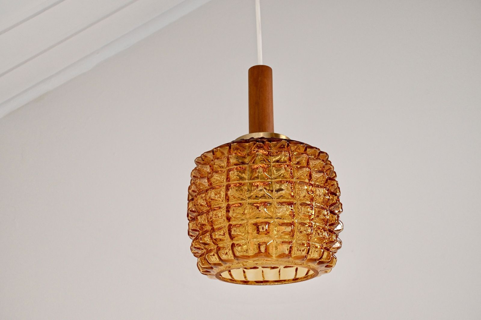 photo for sale Scandinavian Pendant Light With Spiked Shade Glass And Teak, In The Style Of Orrefors, Sweden 1960s