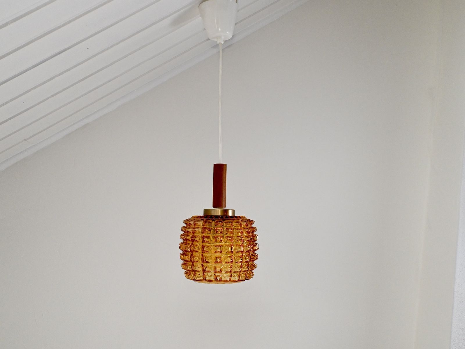 Scandinavian Pendant Light With Spiked Shade Glass And Teak, In The Style Of Orrefors, Sweden 1960s photo buy