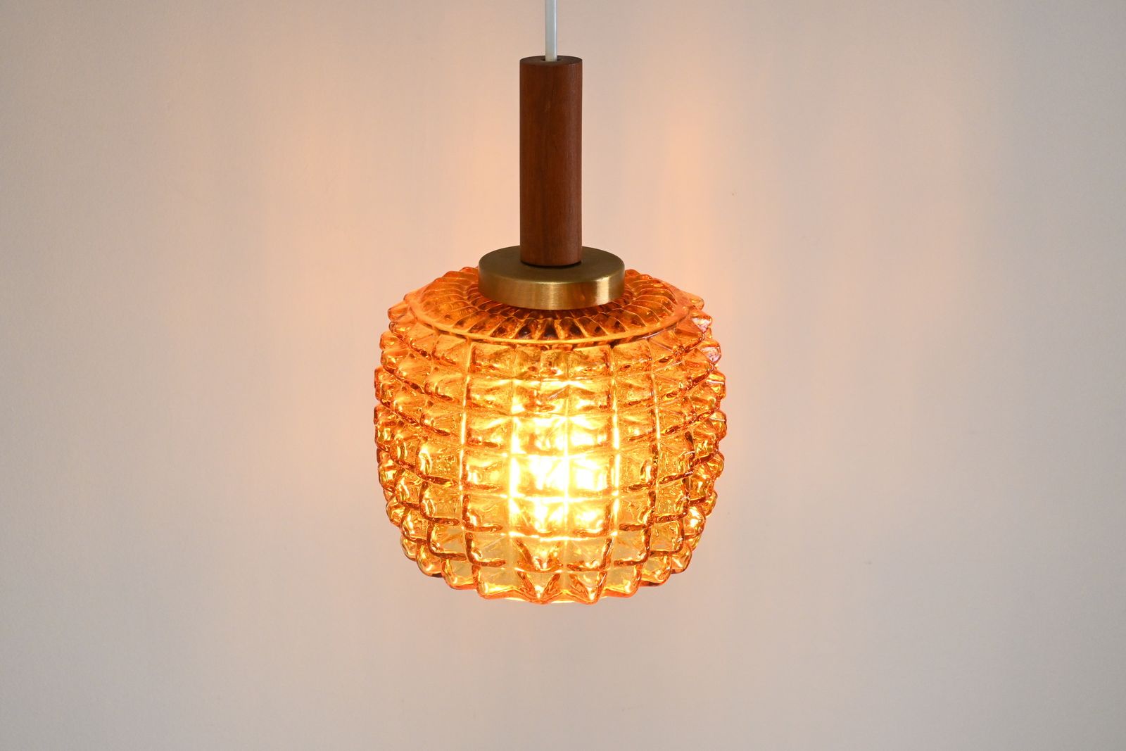 Lighting Scandinavian Pendant Light With Spiked Shade Glass And Teak, In The Style Of Orrefors, Sweden 1960s photo