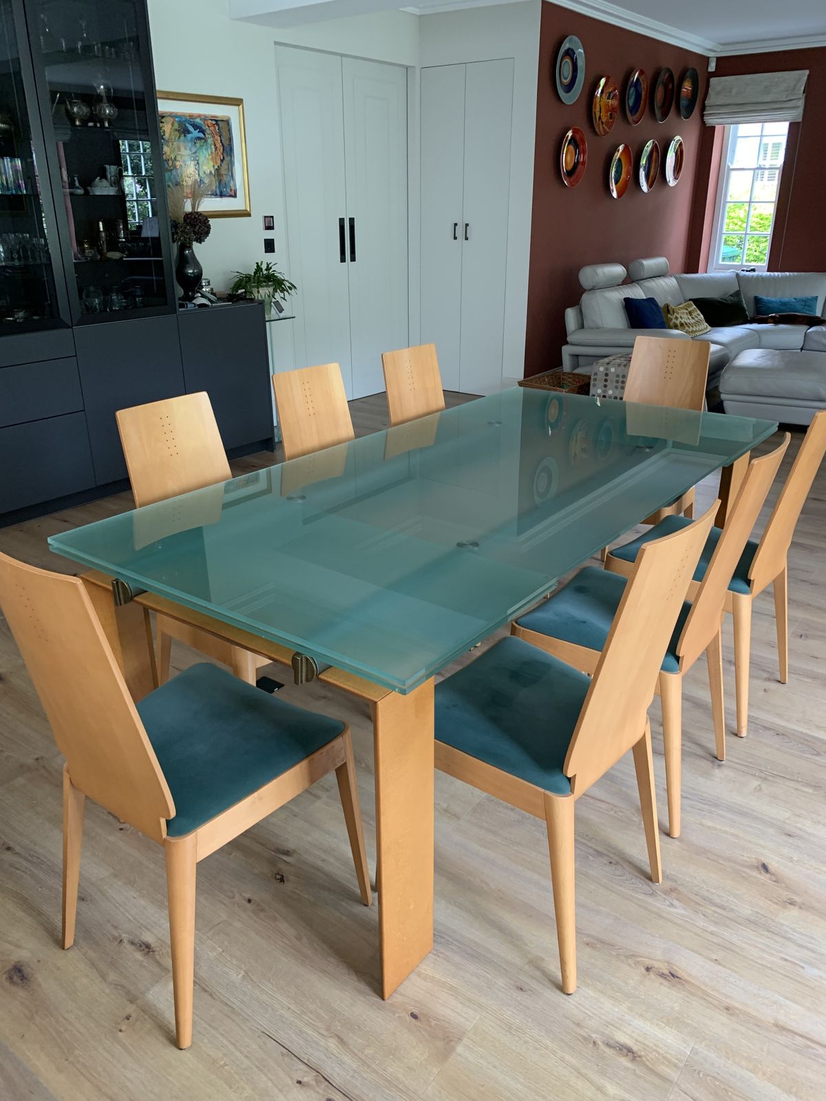 Desalto Glass /Cherry Wood Extending Dining Table With 8 Chairs