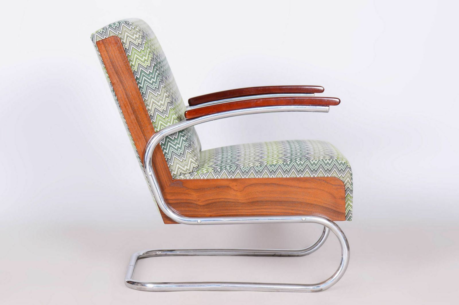 Furniture Restored Art Deco Armchair, Beech, Spruce, Walnut, Chrome, Czech, 1930s photo