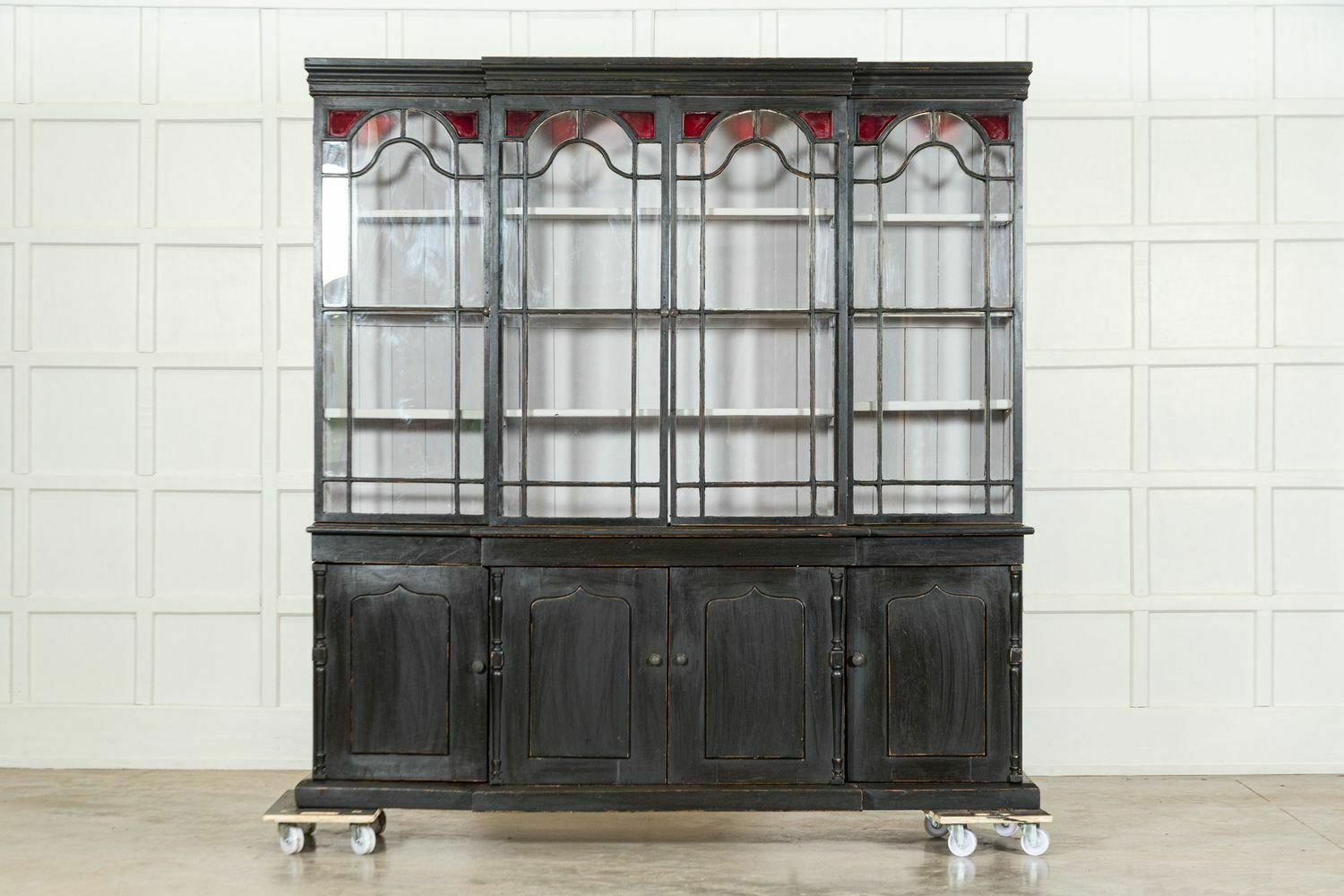 Large 19thc English Ebonised Breakfront Glazed Pine Dresser