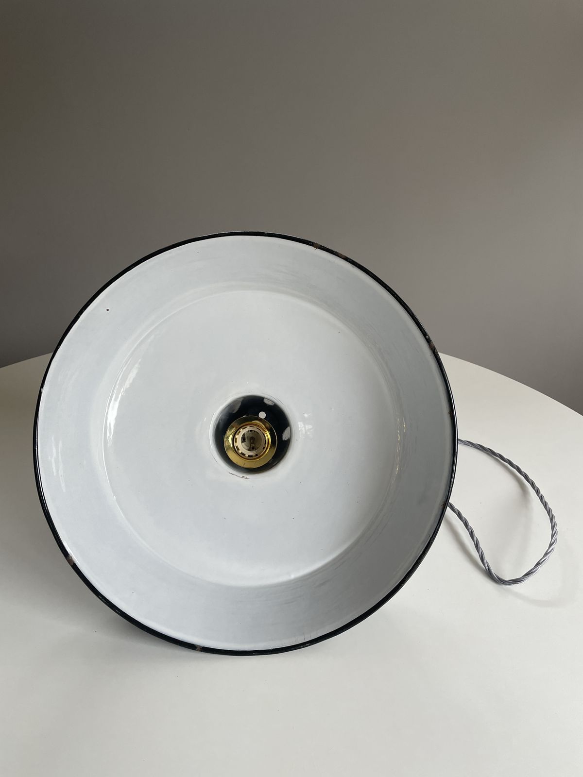 Pair Of Large 1930s Factory Pendant Lights Petrol & White photo for sale