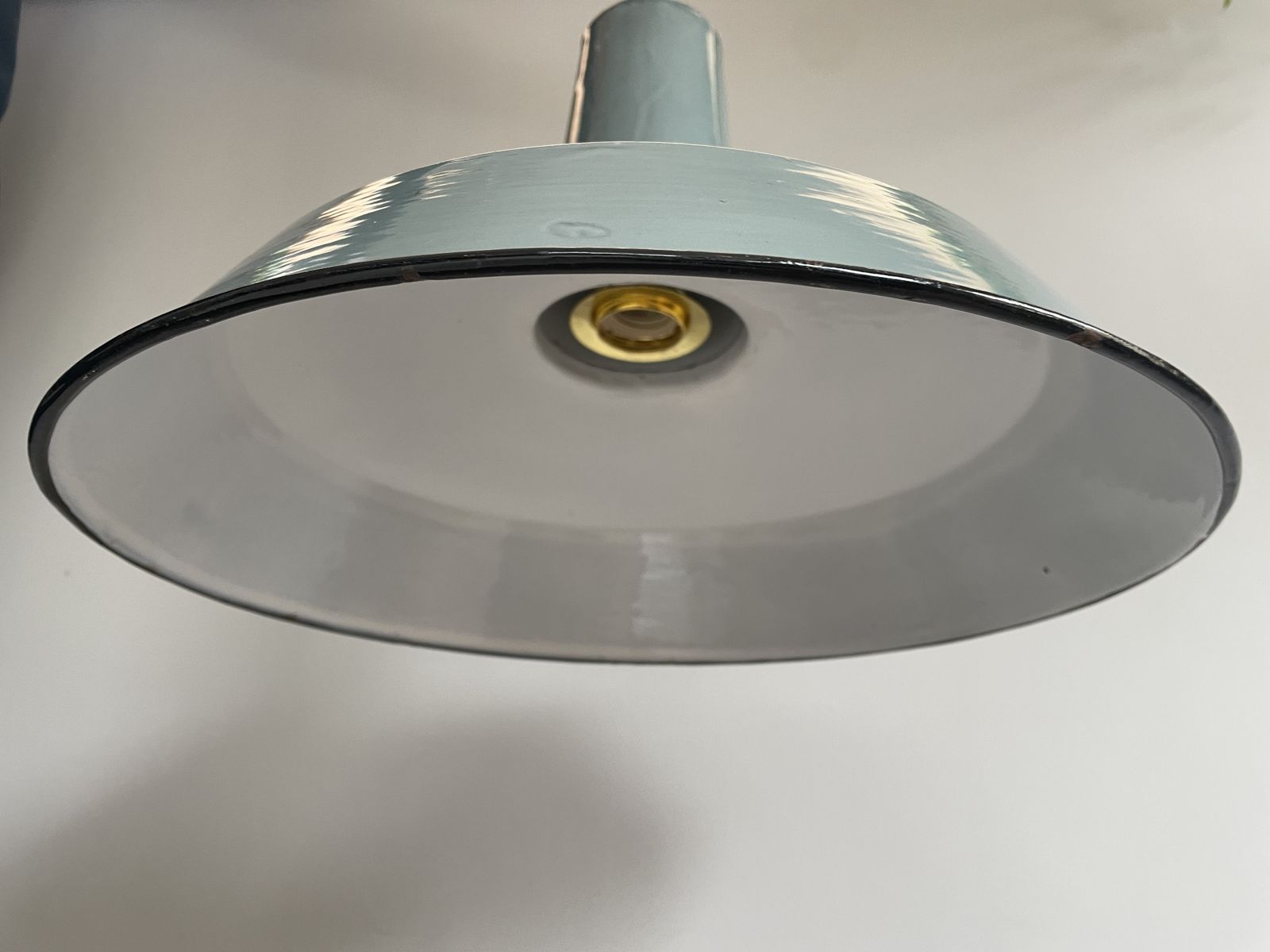 Lighting Pair Of Large 1930s Factory Pendant Lights Petrol & White photo