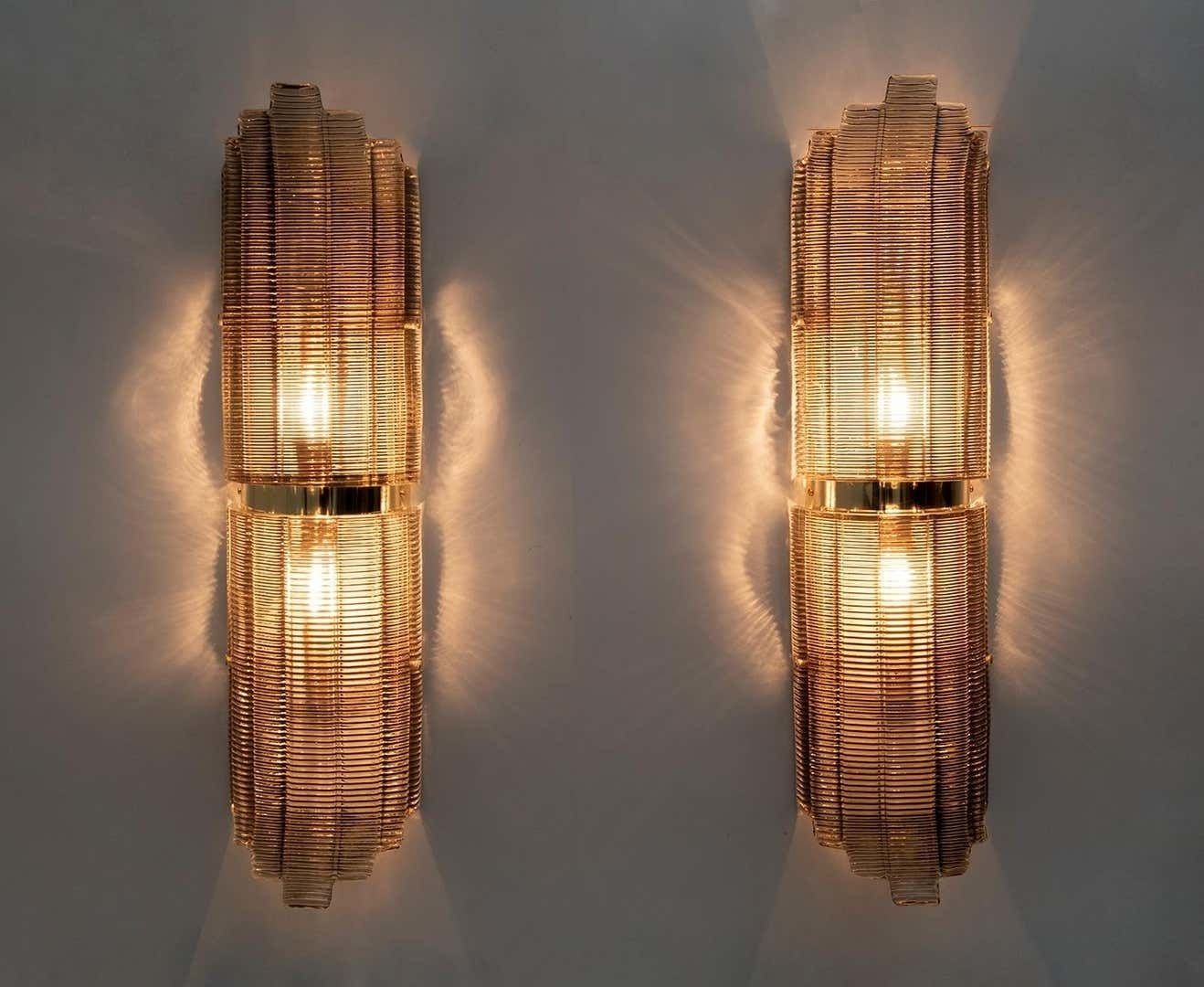 Pair Of Modern Italian Brass And Murano Glass Textured Wall Sconce photo for sale