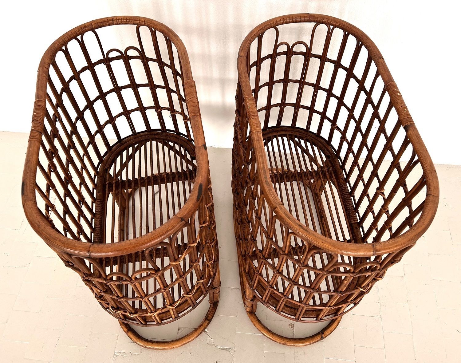 Pair Of French Mid Century Xxl Bamboo Baskets, 1970s photo vinterior