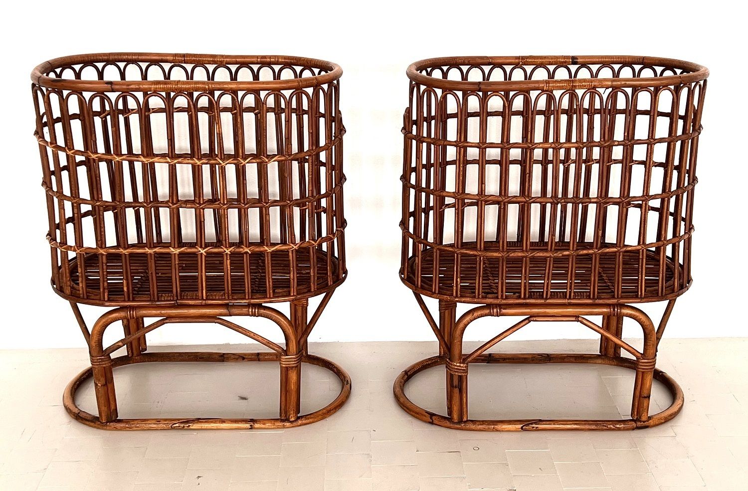 Pair Of French Mid Century Xxl Bamboo Baskets, 1970s photo buy