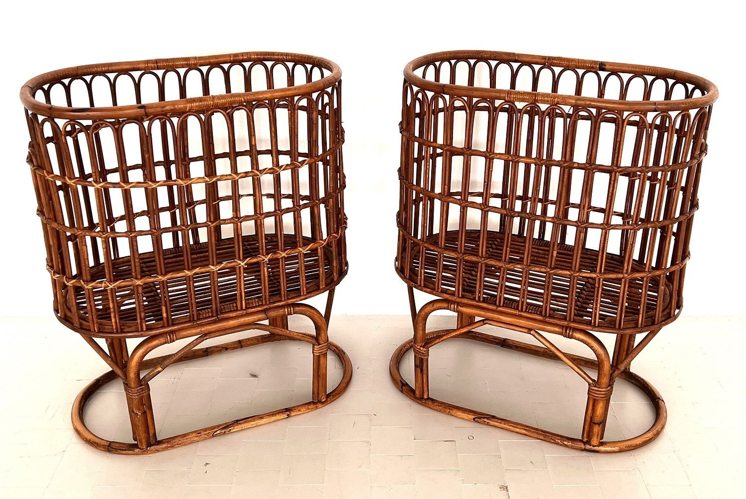photo furniture Pair Of French Mid Century Xxl Bamboo Baskets, 1970s