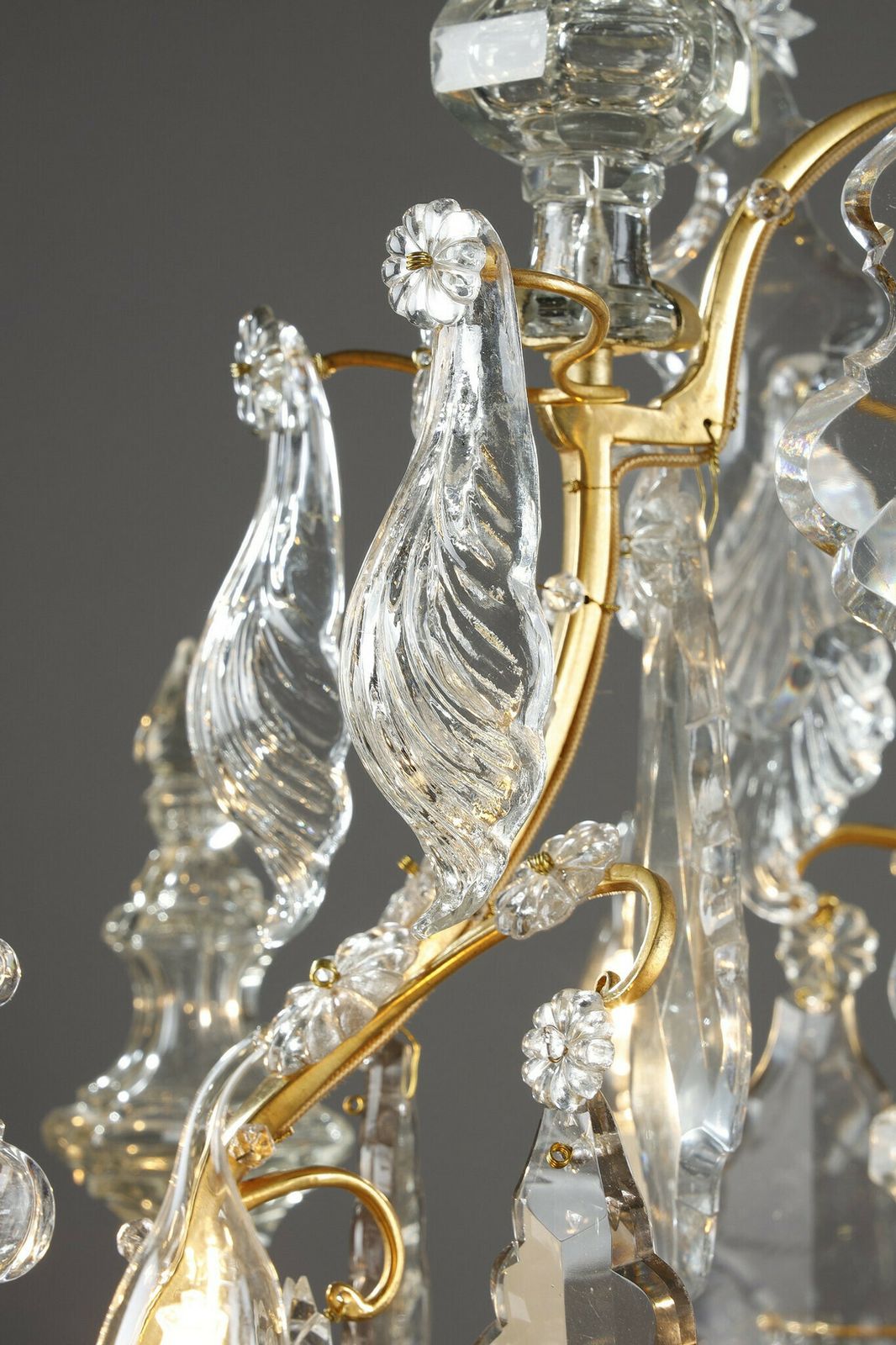 photo furniture Six Light Gilt Bronze Cage Chandelier With Cut Crystal Pendants And Daggers