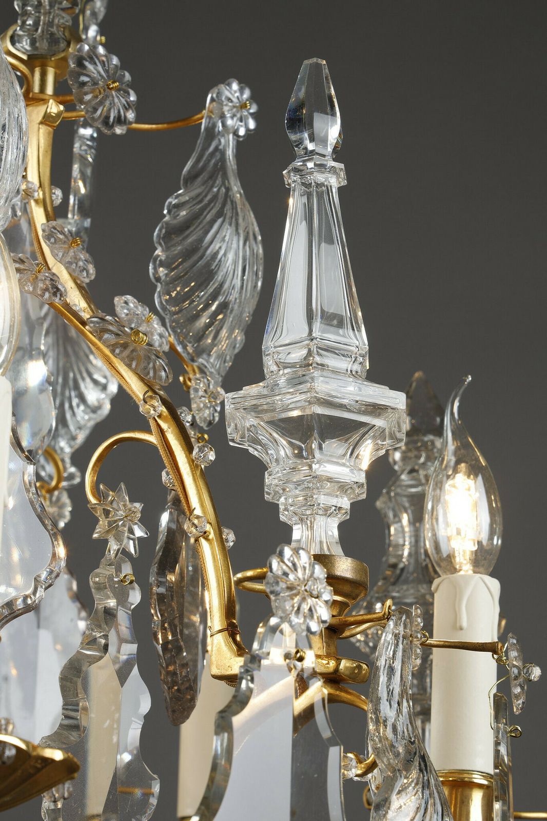 photo for sale Six Light Gilt Bronze Cage Chandelier With Cut Crystal Pendants And Daggers
