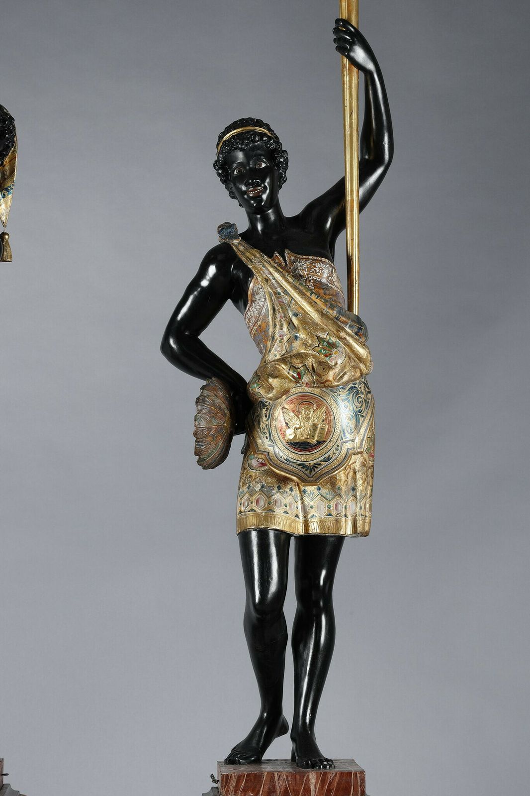photo vintage Pair Of Black And Polychrome Lacquered Wood Torchholders Depicting Nubians
