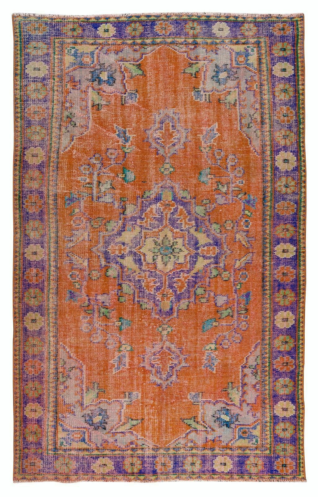 Handmade Anatolian Vintage Rug In Burnt Orange, Purple, Blue & Green