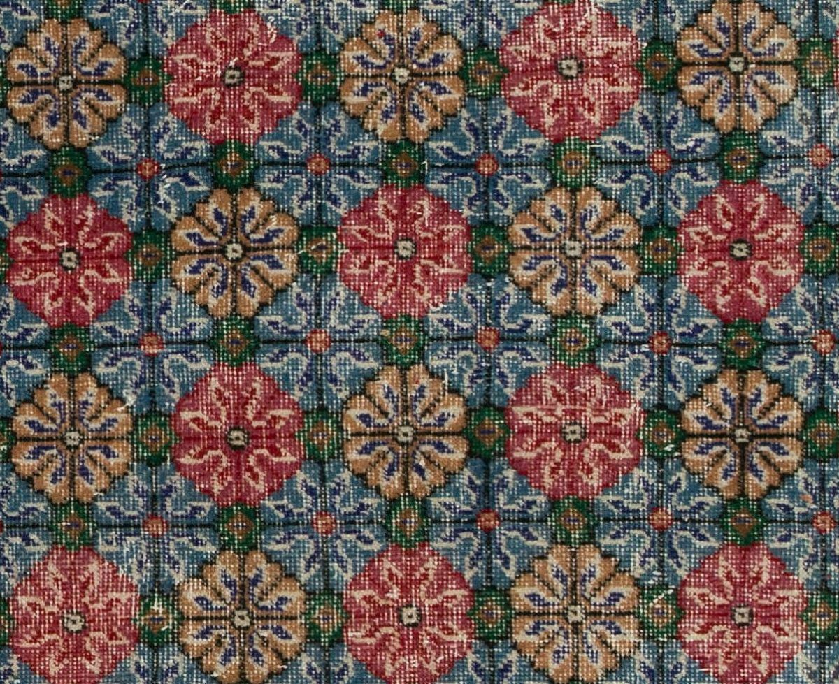 4x7 Ft Vintage Hand Knotted Turkish Floral Rug In Red And Blue photo Textiles