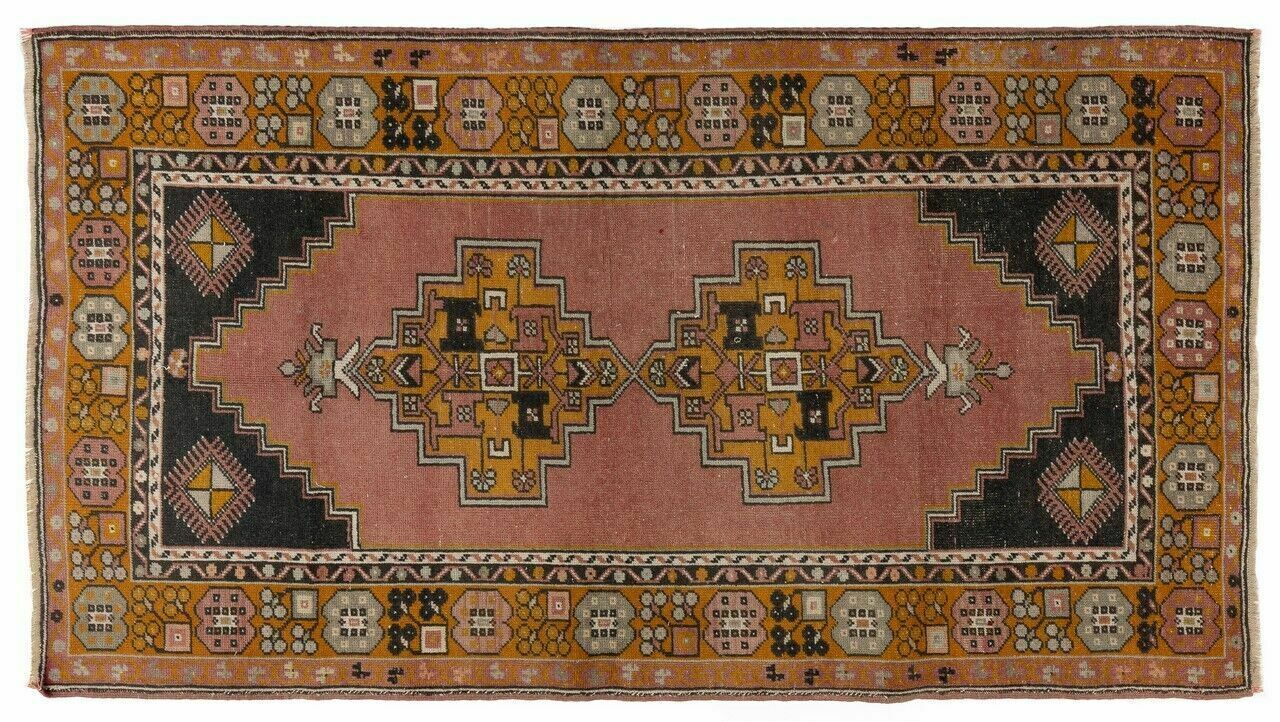 4x7 Ft Vintage Hand Knotted Wool Turkish Rug In Gold And Faded Coral photo for sale