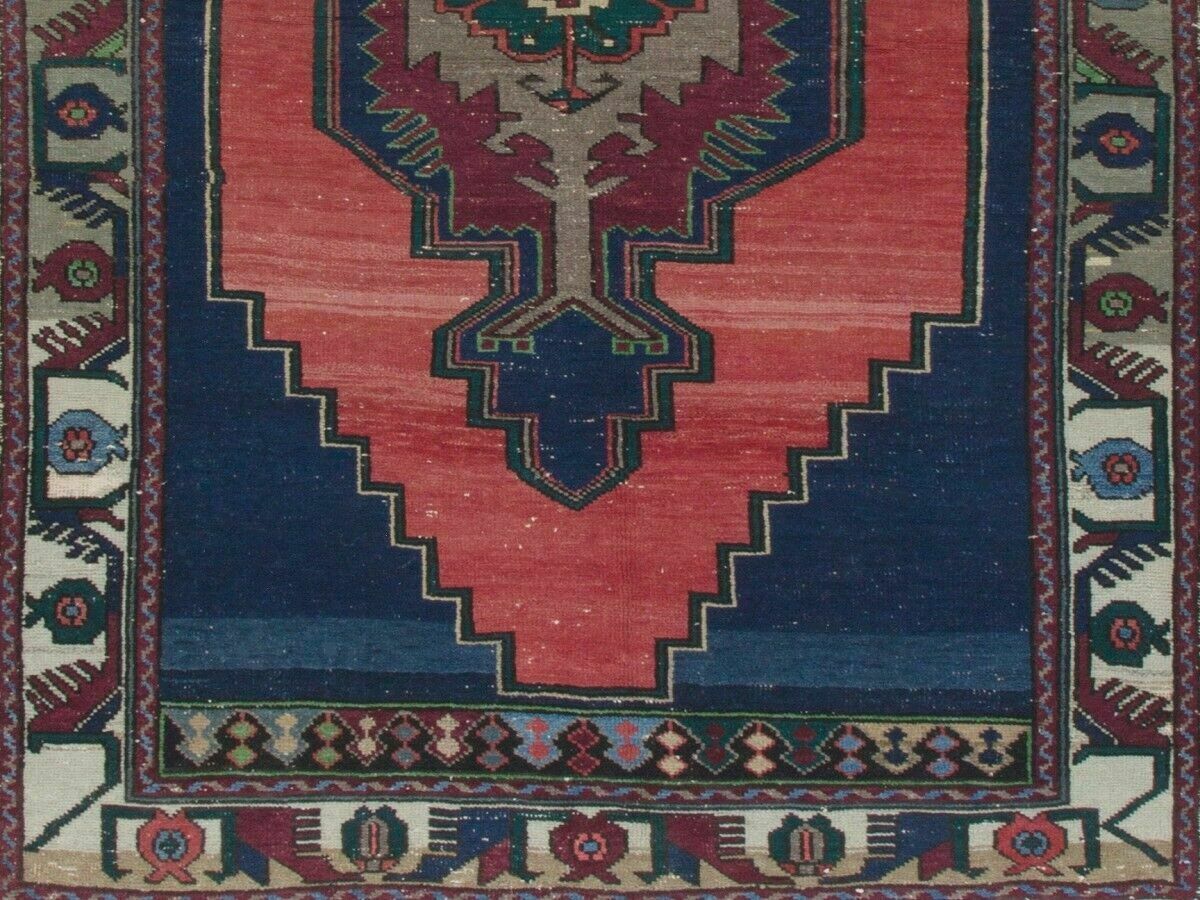 4.4x7.3 Ft Unusual One Of A Kind Vintage Turkish Rug. Navy Blue, Red, Green Gray photo for sale