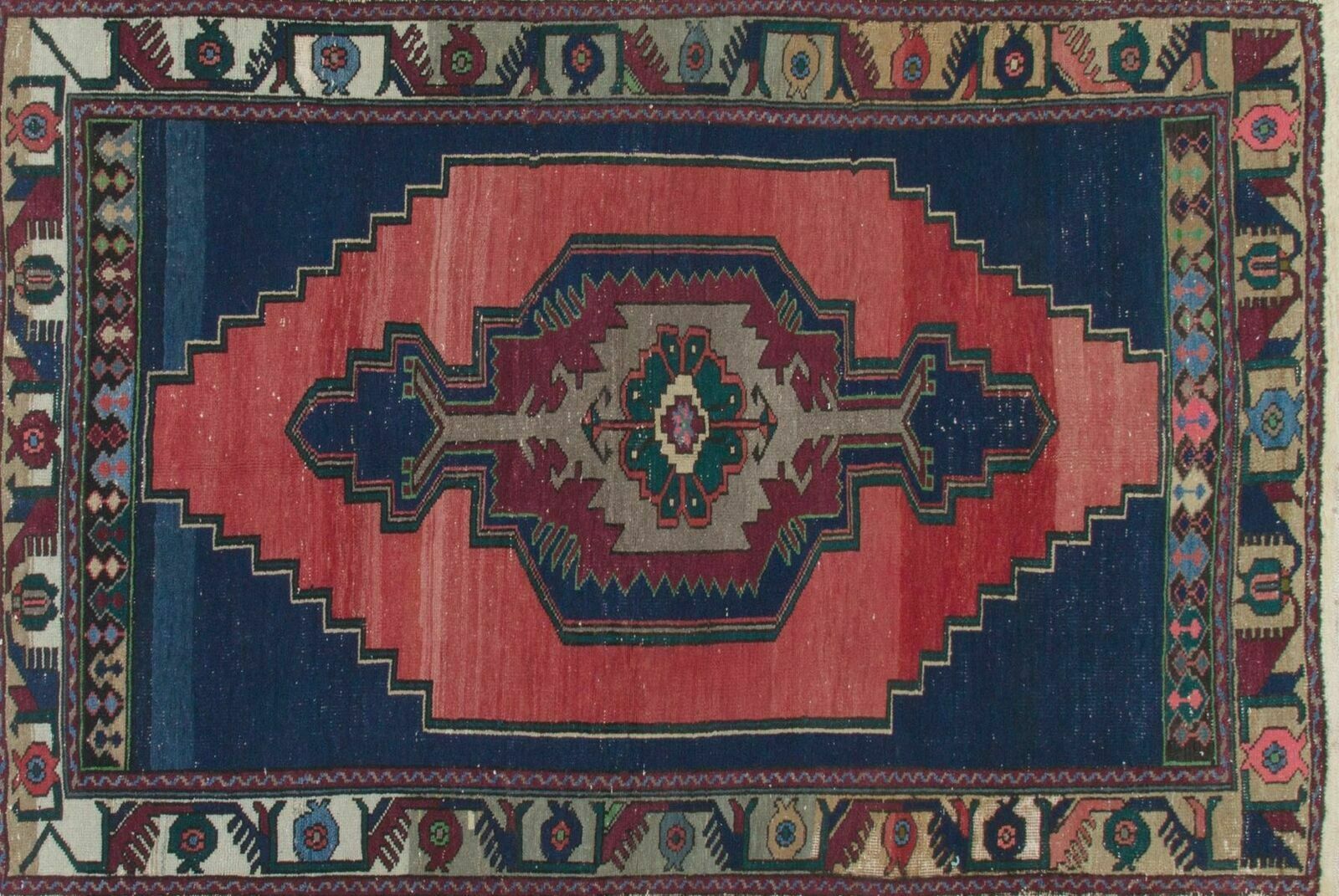 4.4x7.3 Ft Unusual One Of A Kind Vintage Turkish Rug. Navy Blue, Red, Green Gray photo 544.0