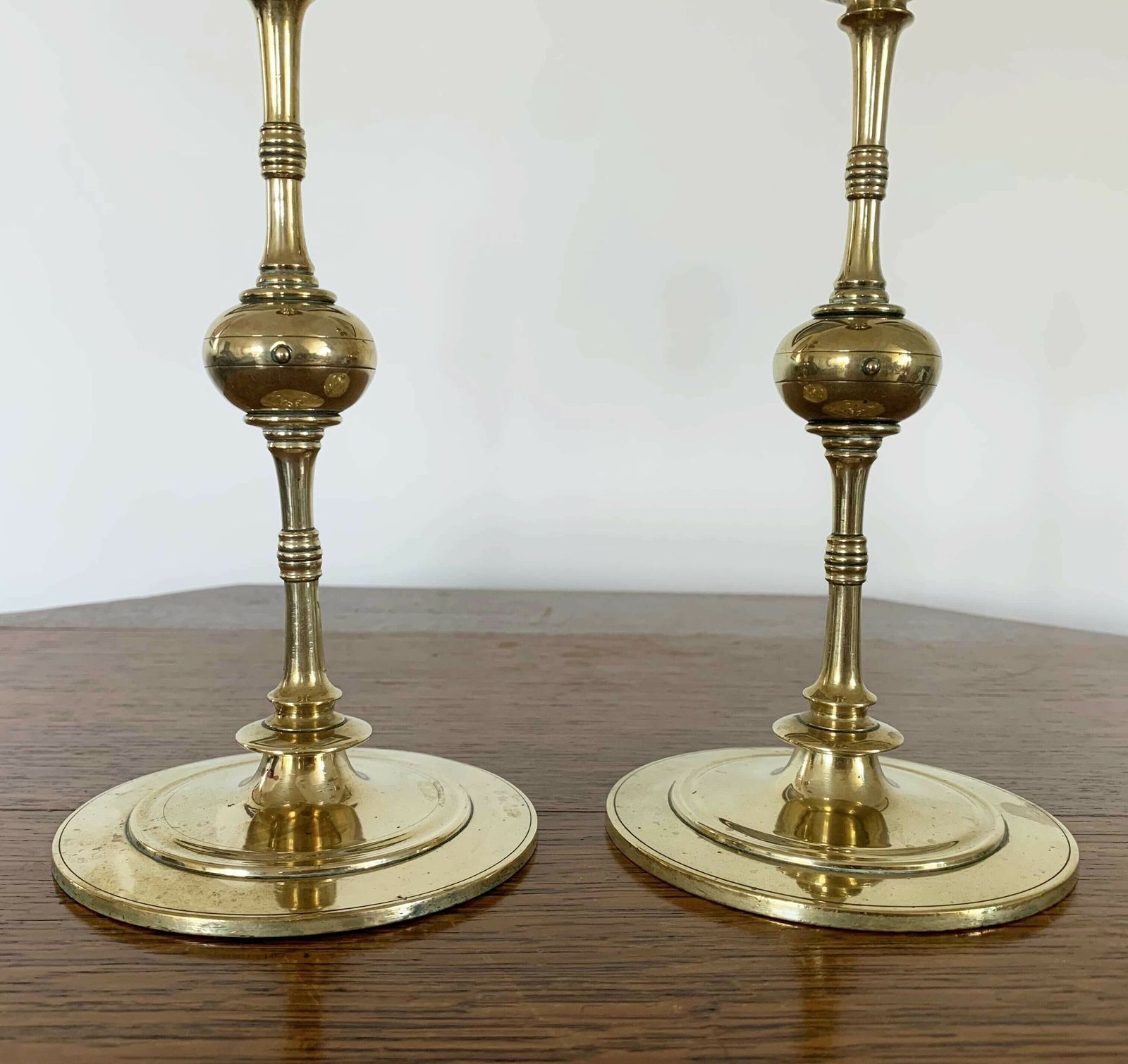 A Pair Of Arts And Crafts / Gothic Revival Style Brass Candlesticks, C. 1900 photo for sale