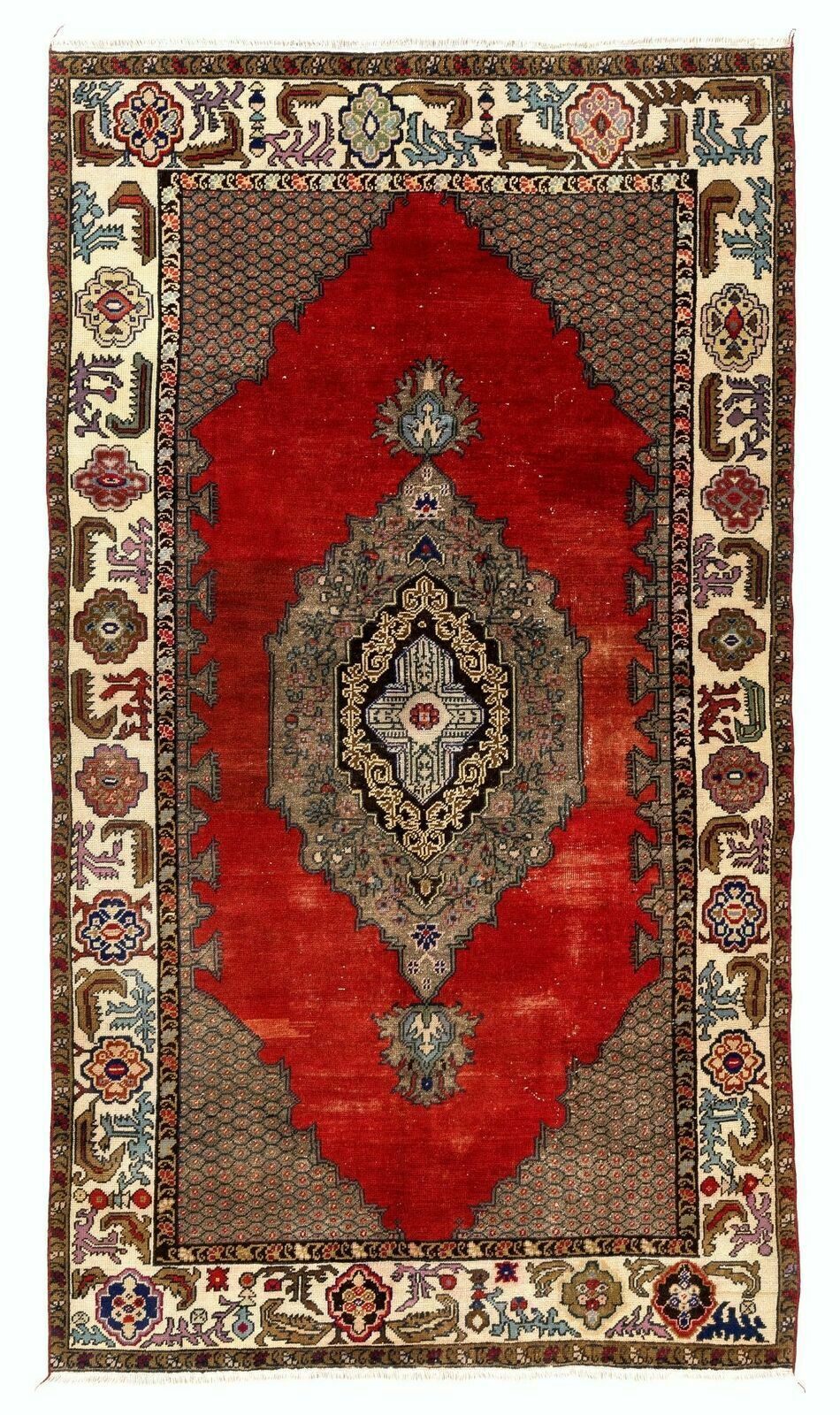 4.6x8 Ft One Of A Kind Vintage Turkish Village Rug. Wool Hand Knotted Carpet