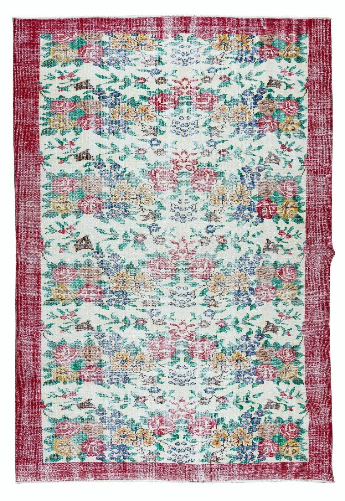Authentic Floral Pattern Vintage Hand Knotted Anatolian Area Rug