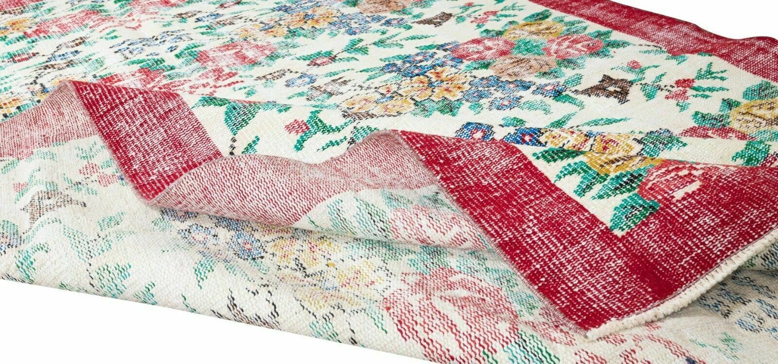 Authentic Floral Pattern Vintage Hand Knotted Anatolian Area Rug photo Textiles