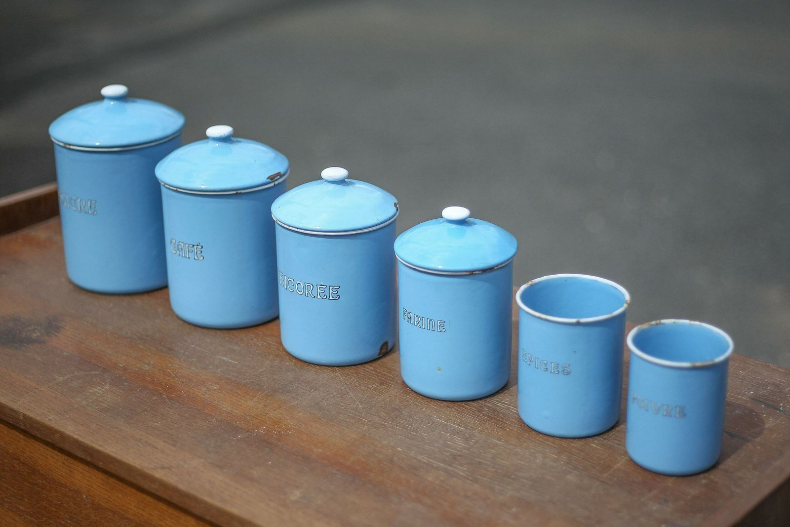 Series Of Kitchen Pots (X 6), Blue Enameled Pots, Spice Pots, Belgium, Enameled Boxes, Kitchen, Countryside, Enamelware, 40's photo 155.0