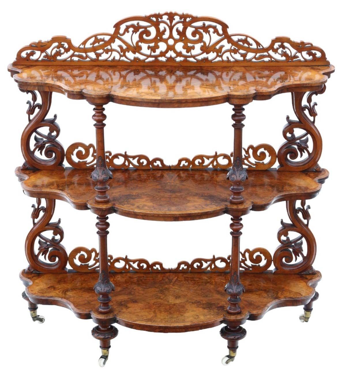 19th Century Burr Walnut Demi Lune Console Table   Fine Quality Antique Display Serving Whatnot