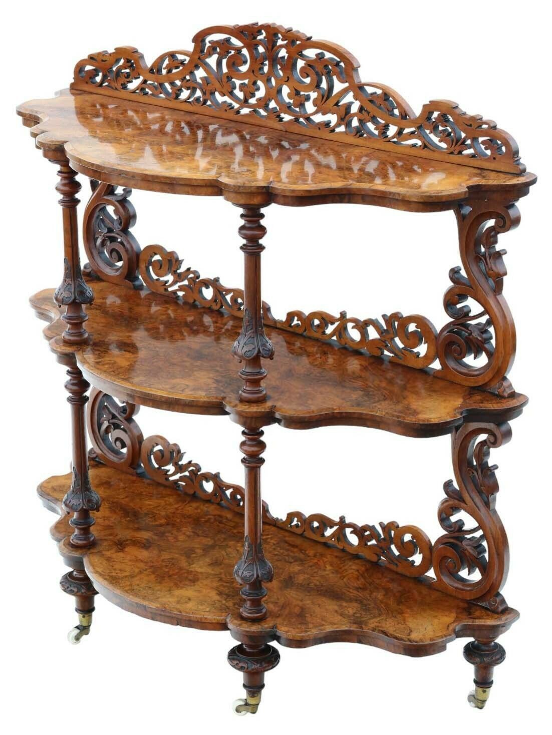 19th Century Burr Walnut Demi Lune Console Table   Fine Quality Antique Display Serving Whatnot photo furniture