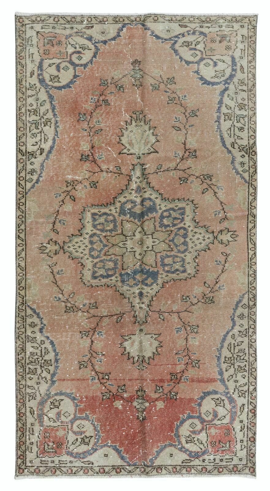 3.5x6.4 Ft Hand Knotted Vintage Turkish Rug In Soft Red, Beige & Navy Blue