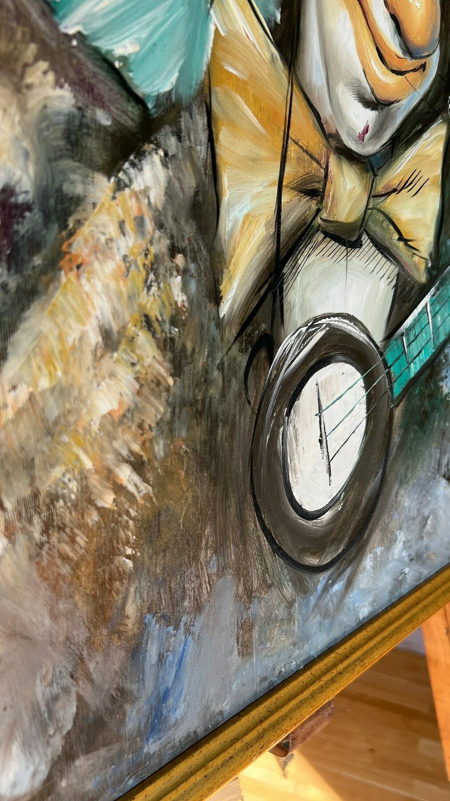Original Framed Oil On Canvas Painting Signed By Salmon [Depicts Two Clowns Playing Banjo] photo Art