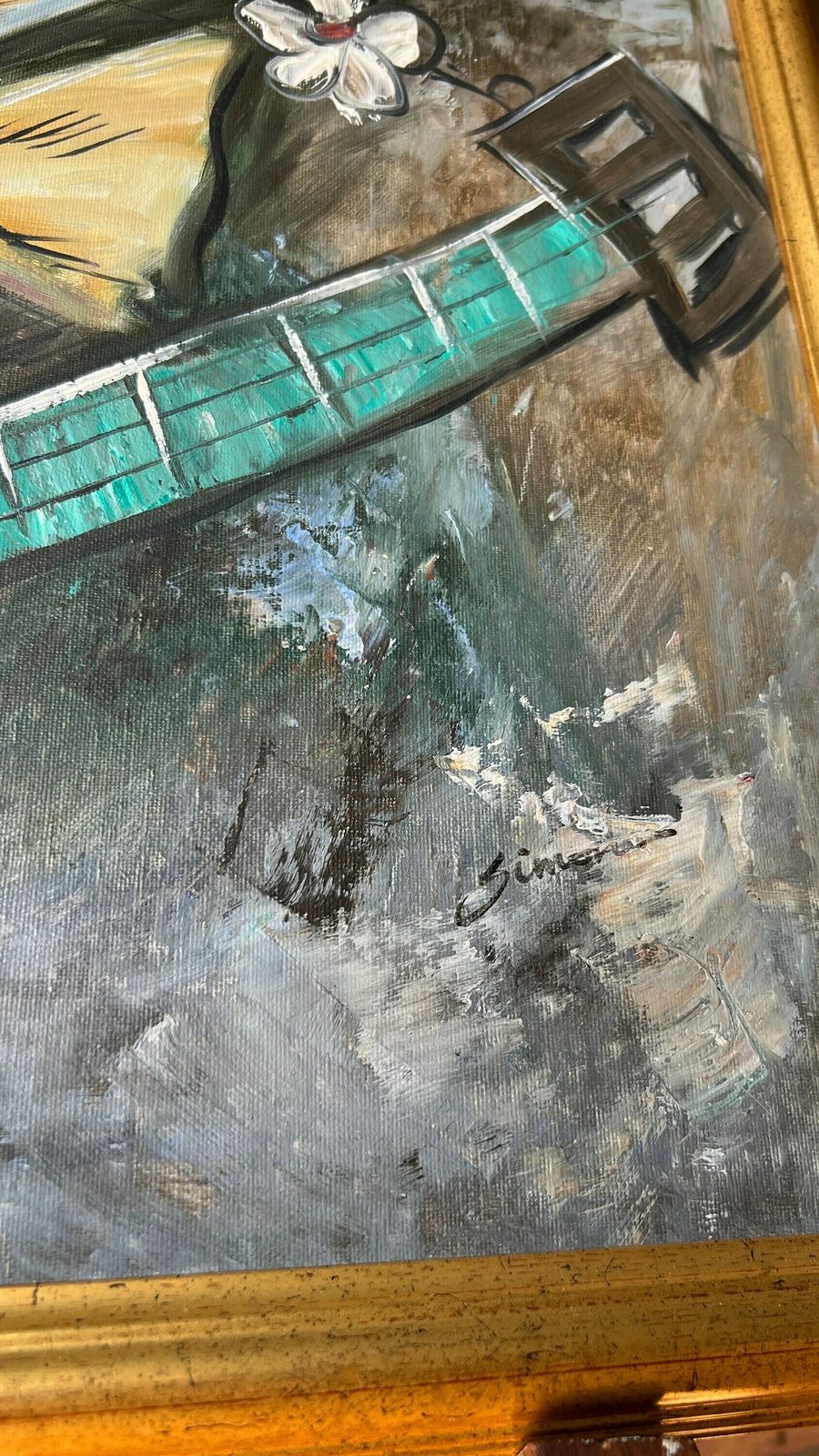 Original Framed Oil On Canvas Painting Signed By Salmon [Depicts Two Clowns Playing Banjo] photo vinterior