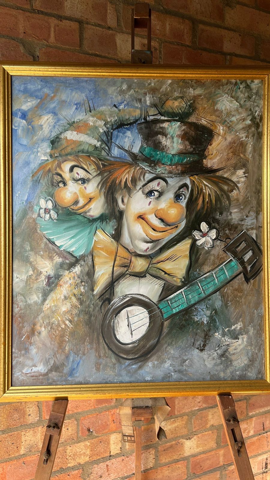 Original Framed Oil On Canvas Painting Signed By Salmon [Depicts Two Clowns Playing Banjo] photo vintage