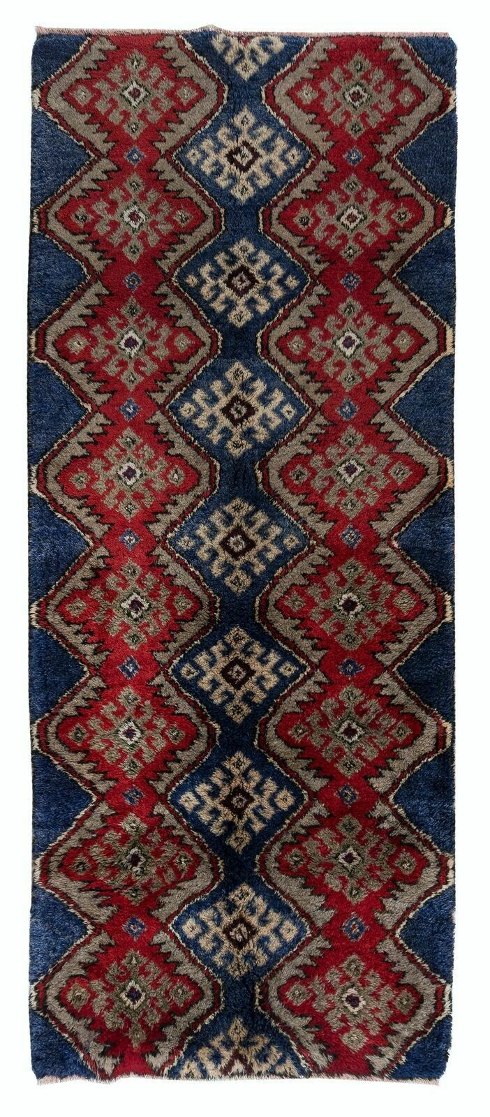 3.5x8.4 Ft Vintage Hand Knotted "Tulu" Rug In Blue, Red & Light Brown. 100% Wool