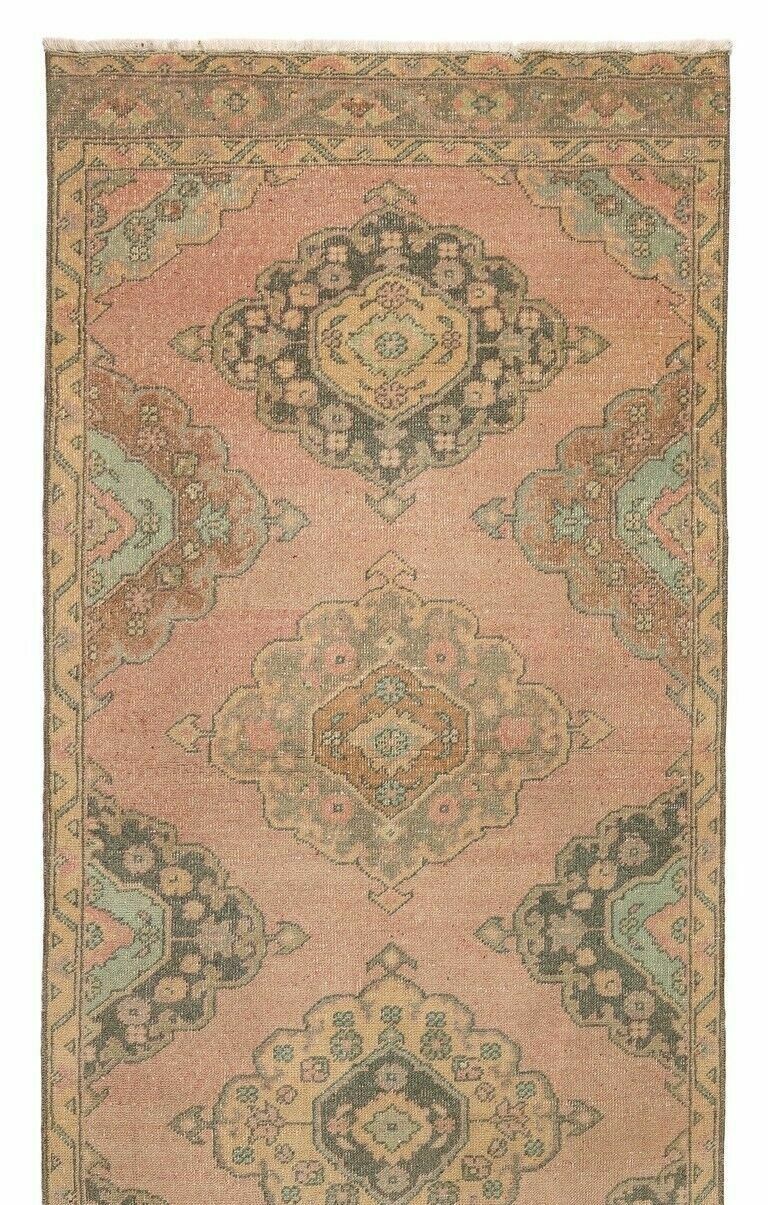 3.7x12.2 Ft Vintage Anatolian Wool Runner Rug In Faded Coral And Light Blue photo furniture