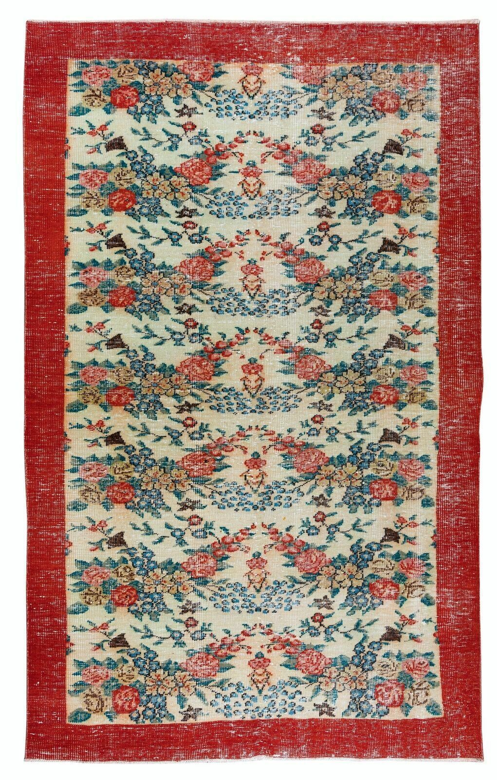 5.8x9.3 Ft Authentic Floral Pattern Vintage Hand Knotted Anatolian Area Rug