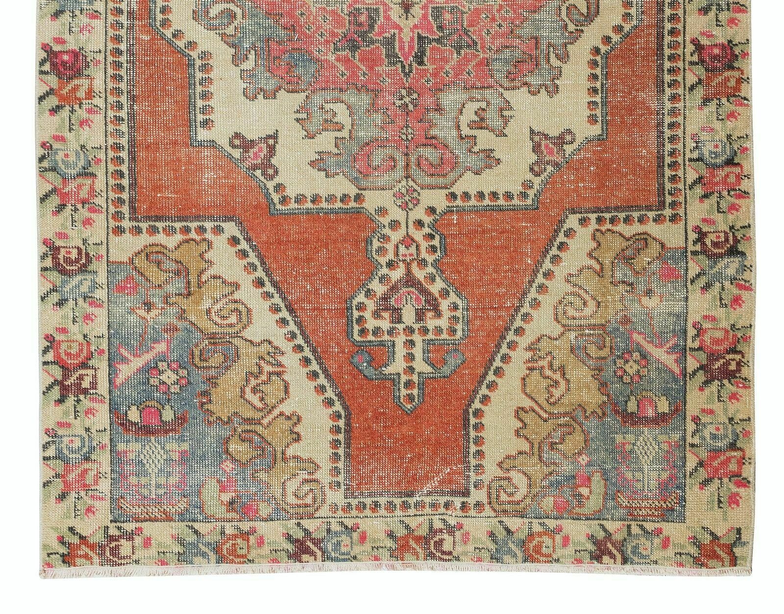 4.2x6.9 Ft Vintage Hand Knotted Turkish Wool Rug, One Of A Kind Geometric Carpet photo 477.0