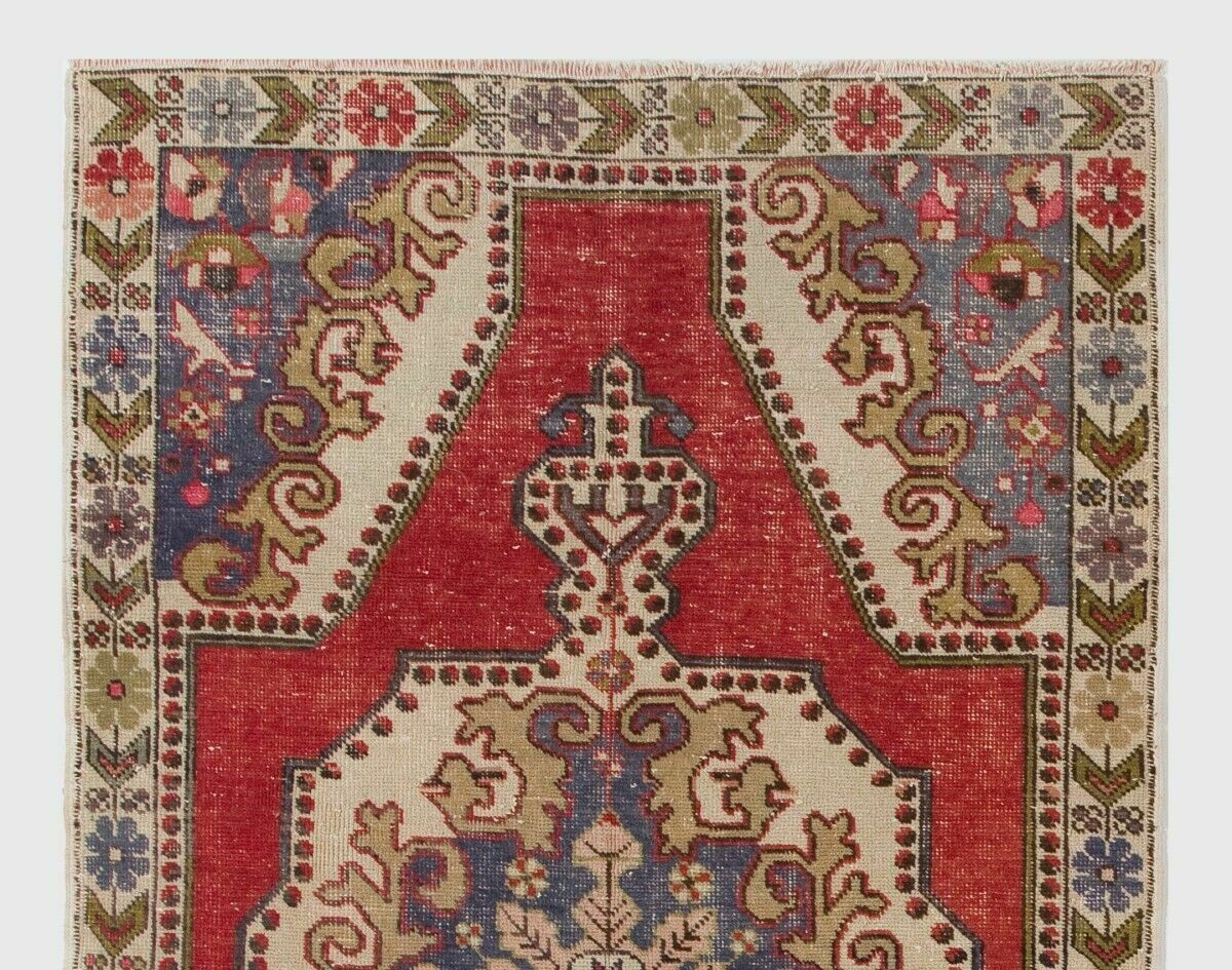 4.4x7.2 Ft Vintage One Of A Kind Anatolian Rug. Floral Border. Red, Beige, Blue photo furniture