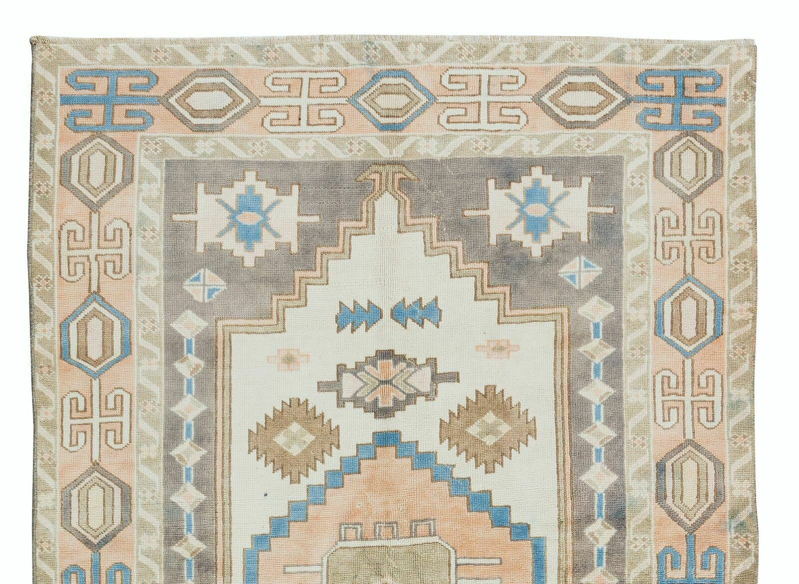 1960's Geometric Wool Area Rug, Vintage Hand Knotted Turkish Carpet photo Textiles