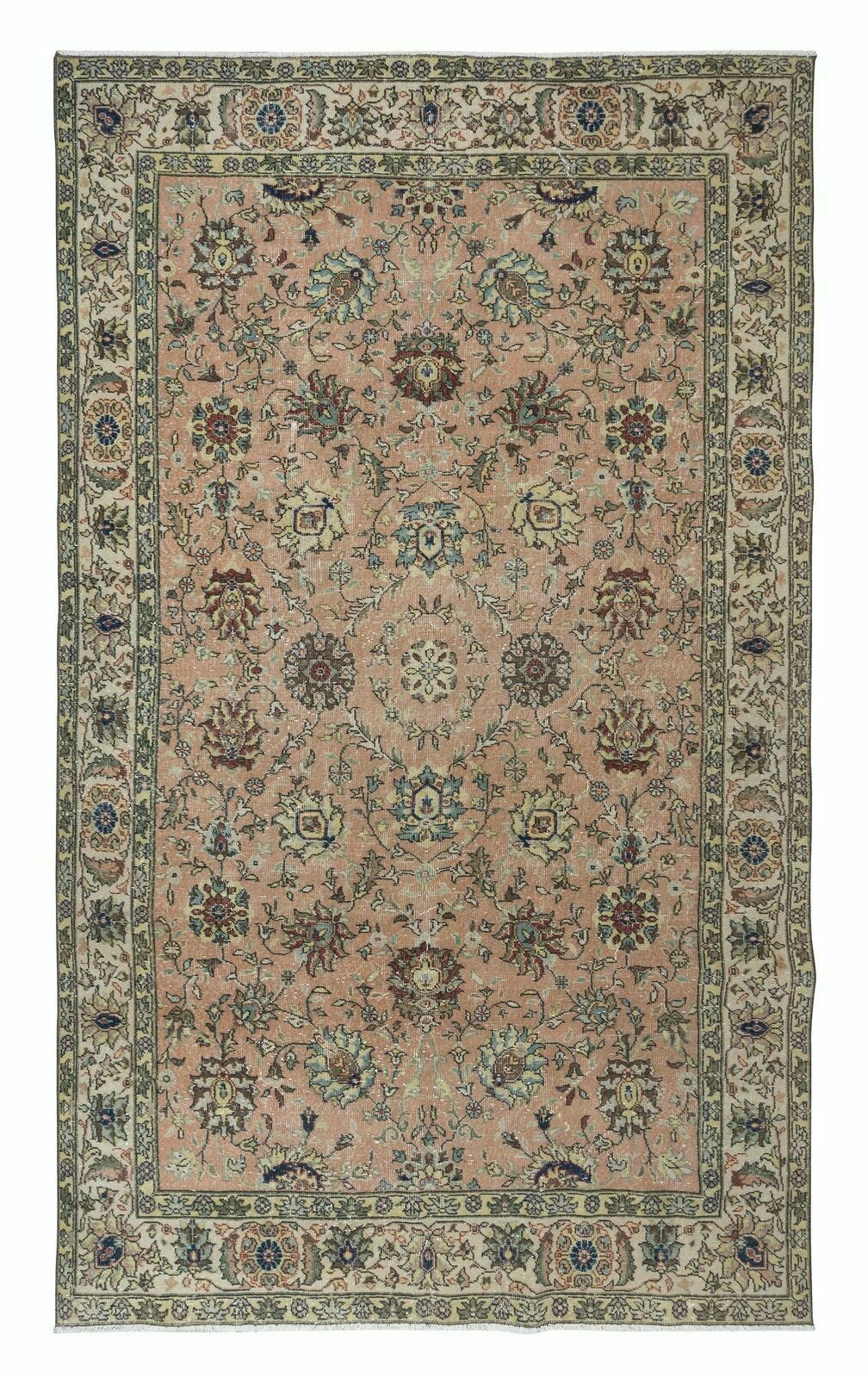 Vintage Handmade Turkish Romantic Botanical Design Rug In Red, Beige