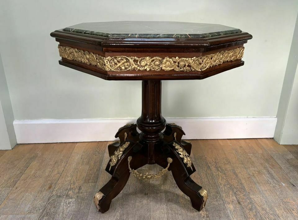Antique French Mahogany Marble Top Gueridon Side Table, Louis XVI French Empire Style photo vintage